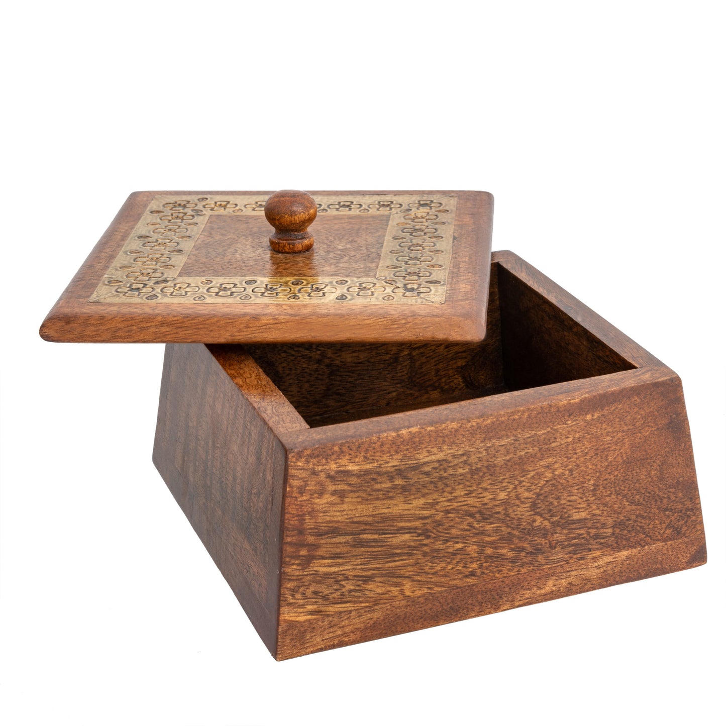 Handcrafted Tapered Mango Wood Box Metal Pressed Inlay