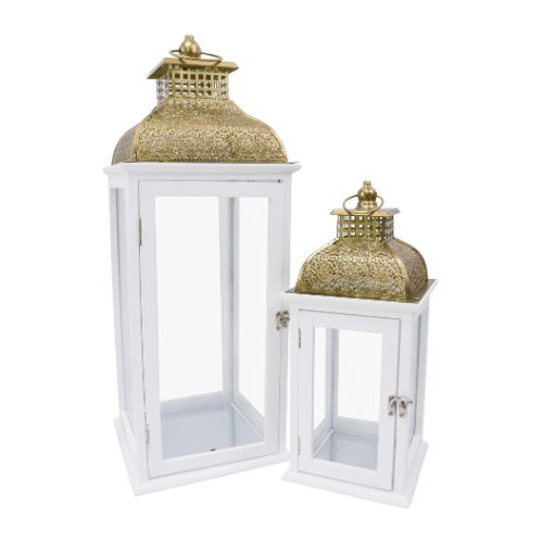 Set of 2 Ivory & Gold Hurricane Lanterns