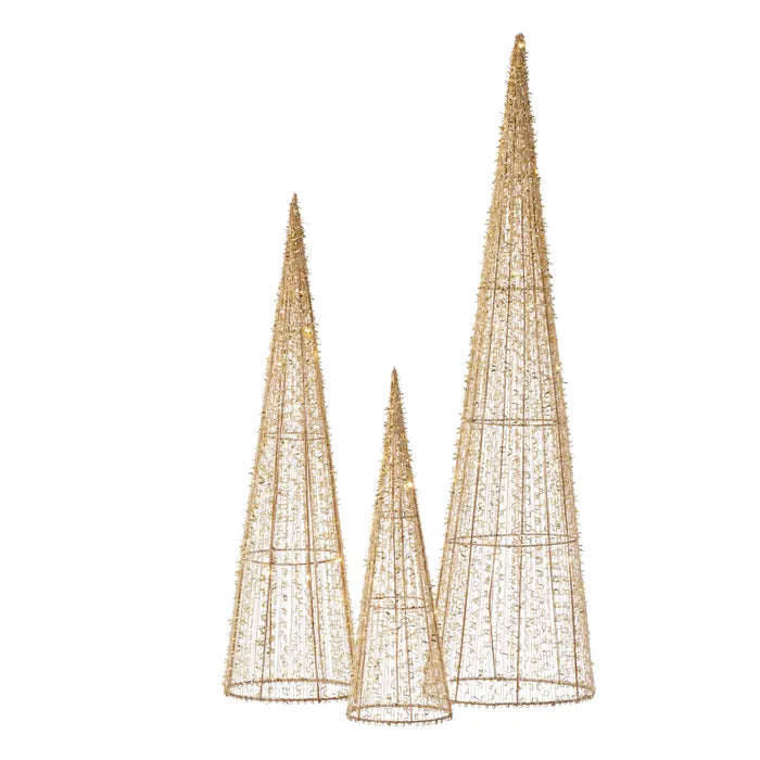 Set of 3 Lustre LED Cone Tree's 80cm Gold