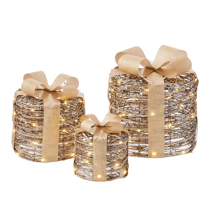 Set of 3 Round Giftbox Rattan - Gold