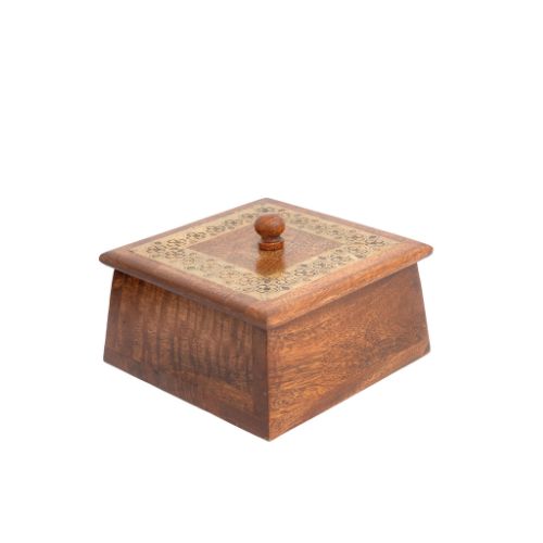 Handcrafted Tapered Mango Wood Box Metal Pressed Inlay