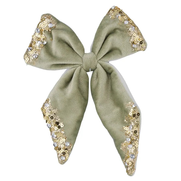 Embelished Bow w/Clip - Sage Green